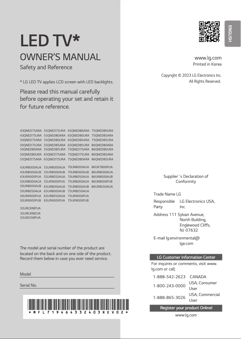Page 1 de la notice Manuel utilisateur LG 65UR9000PUA