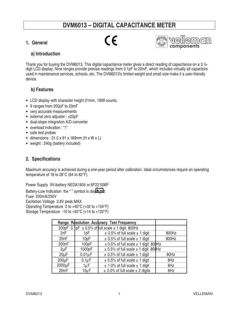 Page 1 de la notice Manuel utilisateur Velleman DVM6013
