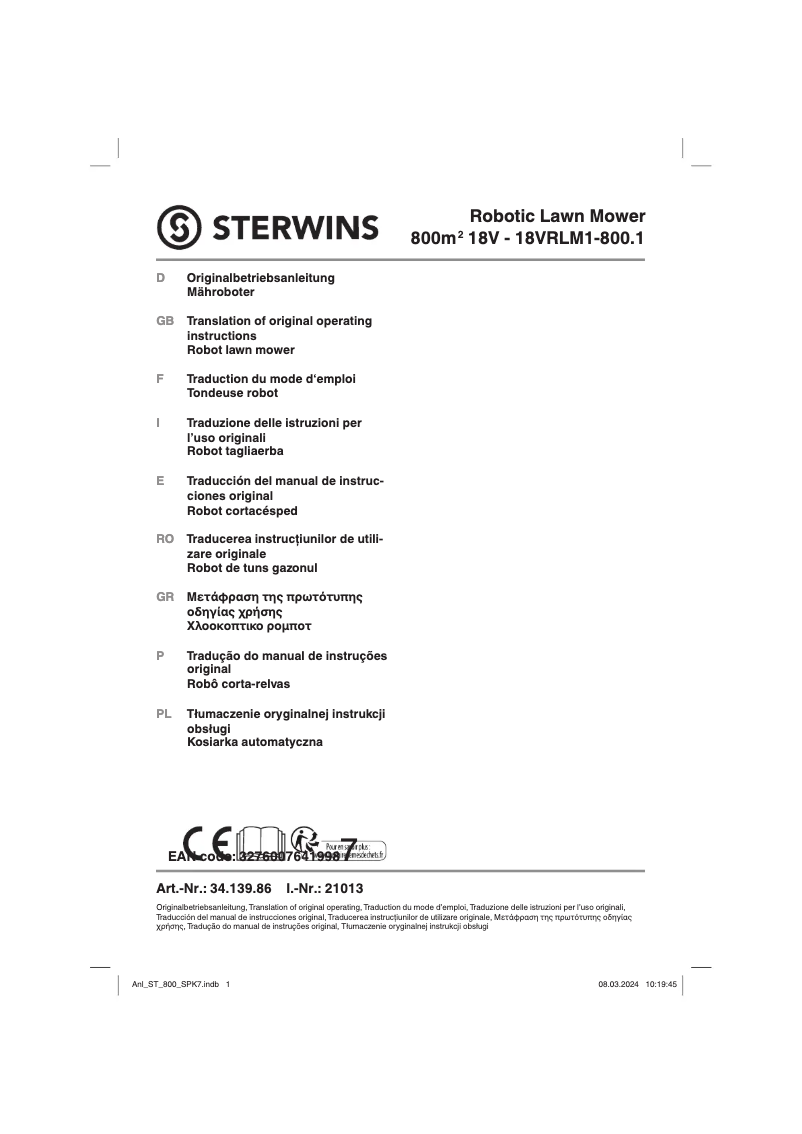 Page n°1 - Manuel utilisateur Sterwins Robotic Lawn Mower 800m2 18V