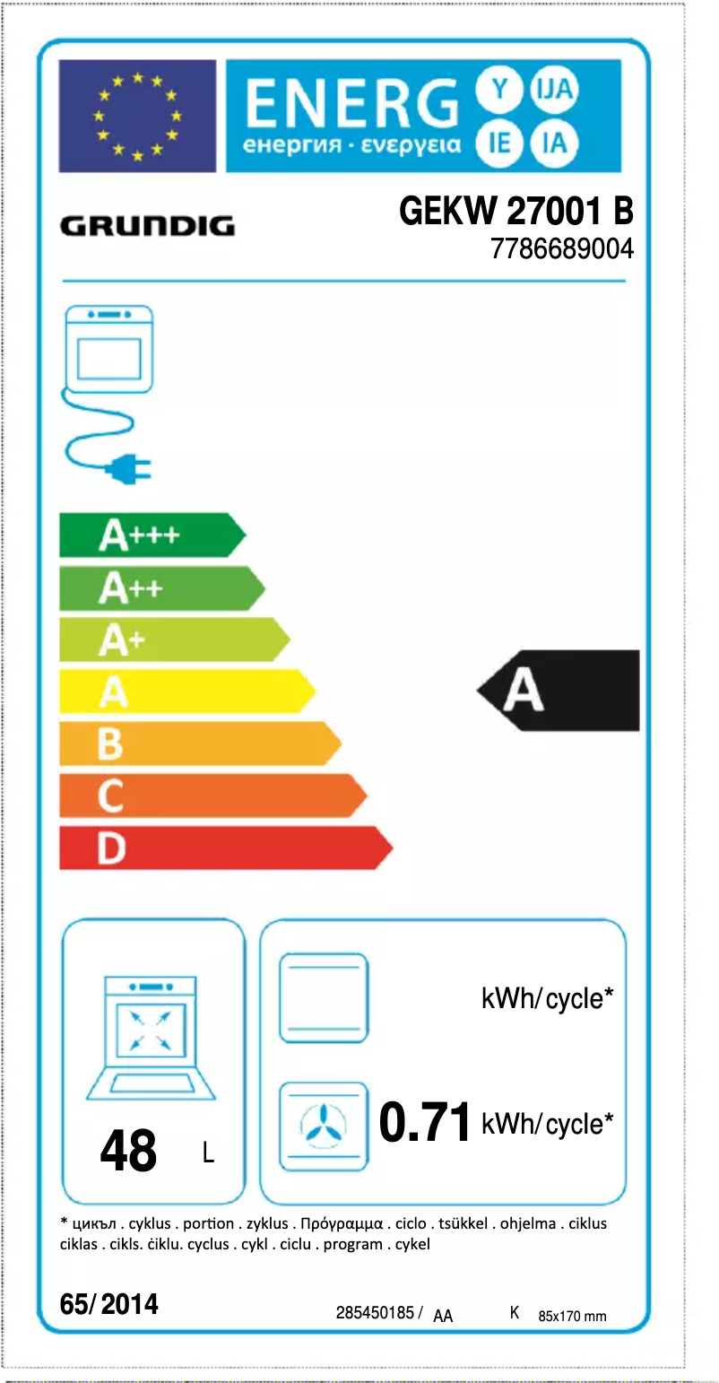 Page 1 de la notice Label énergétique Grundig GEKW 27001 B