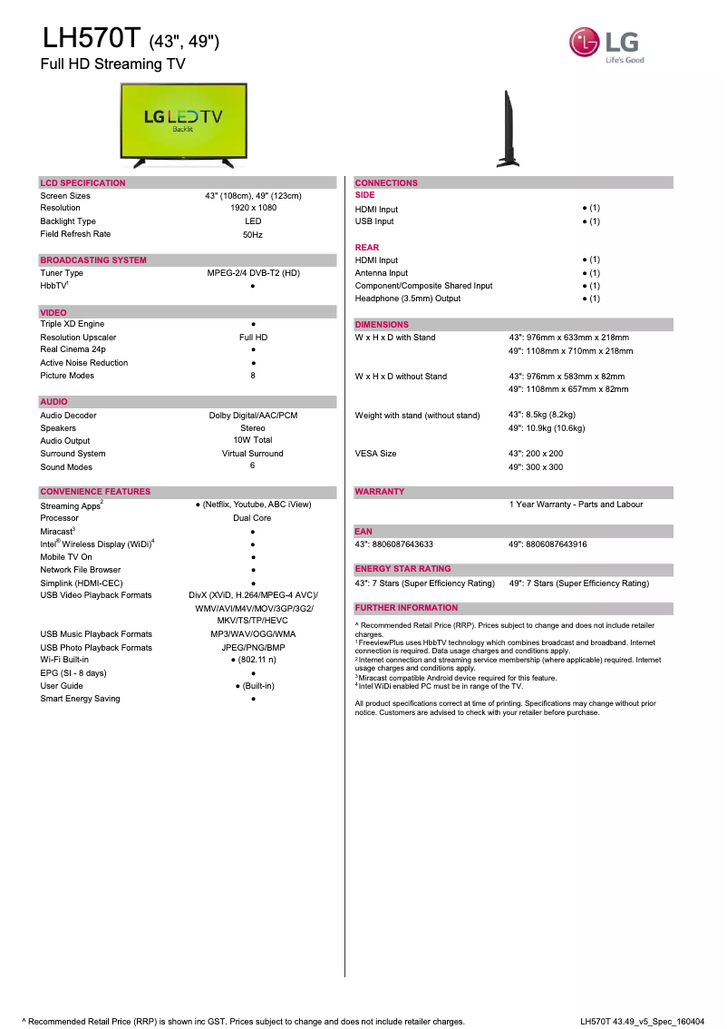 Page n°1 - Fiche technique LG 43LH570T
