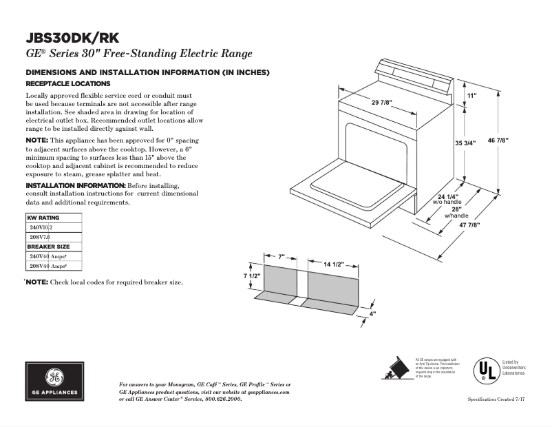 Page n°1 - Fiche technique GE JBS30RKSS