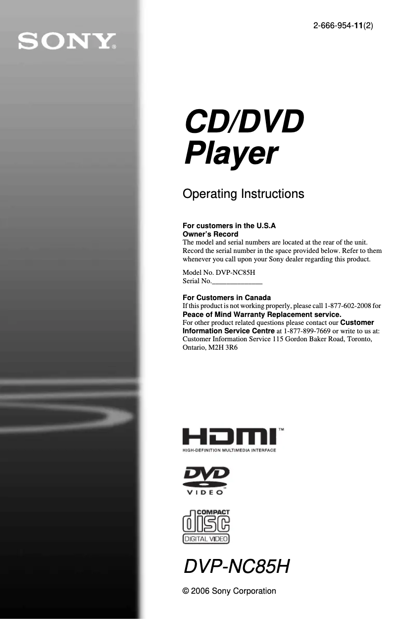 Page n°1 - Manuel utilisateur Sony DVP-NC85H