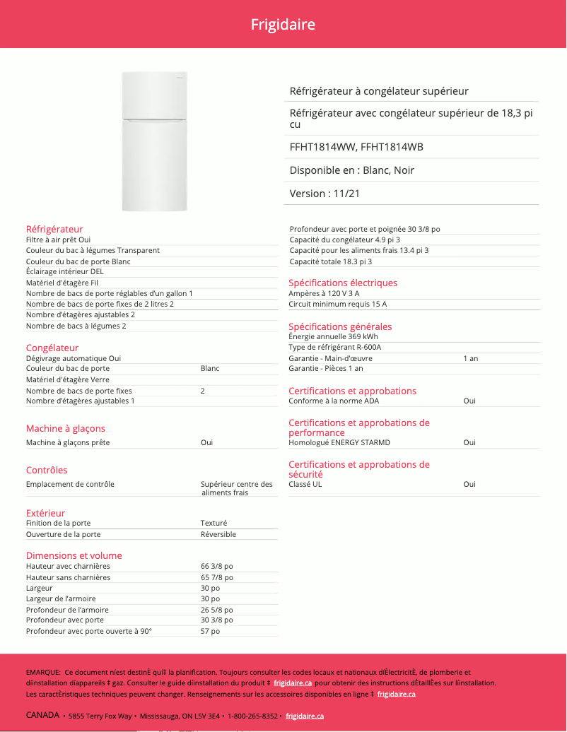 Page 1 de la notice Fiche technique Frigidaire FFHT1814WW