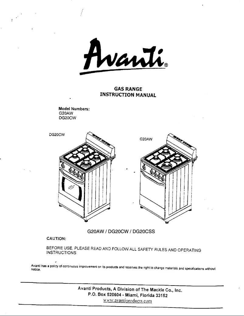 Page 1 de la notice Manuel utilisateur Avanti DG20CW