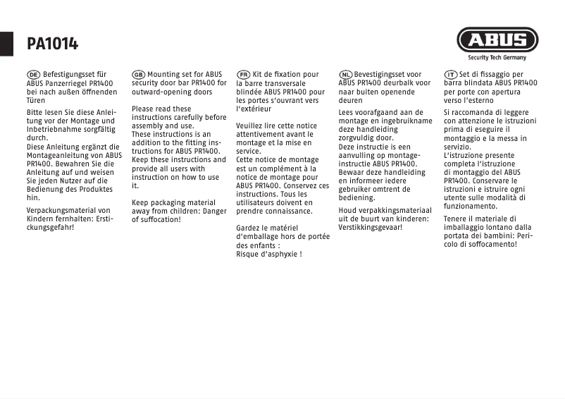 Image de la première page du manuel de l'appareil PA1014