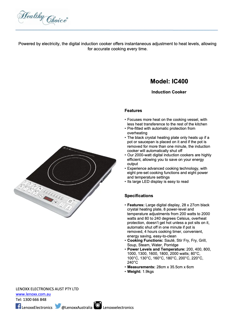 Page 1 de la notice Fiche technique Healthy Choice IC400