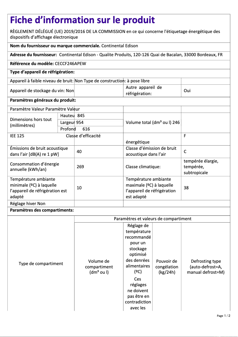 Page 1 de la notice Label énergétique Continental Edison CECCF246APEW