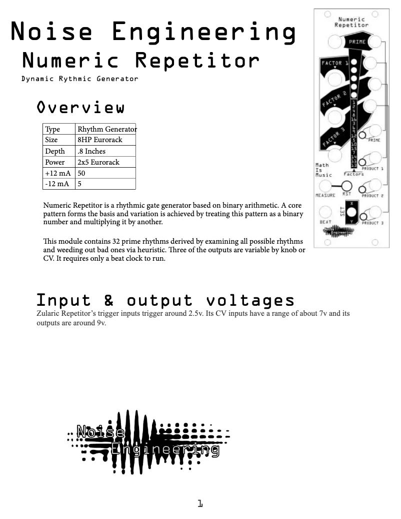 Page 1 de la notice Manuel utilisateur Noise Engineering Numeric Repetitor
