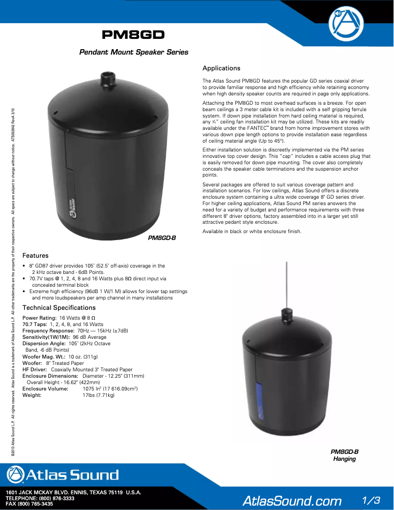 Page 1 de la notice Manuel utilisateur Atlas Sound PM8GD