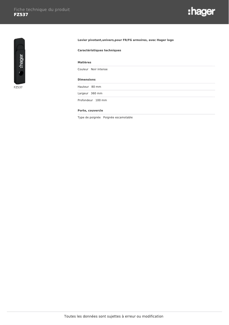 Page n°1 - Fiche technique Hager FZ537