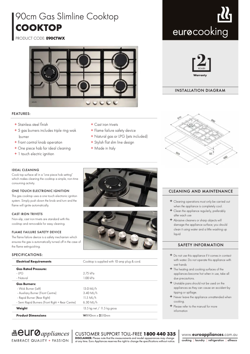 Page n°1 - Fiche technique Euro Appliances E90CTWX