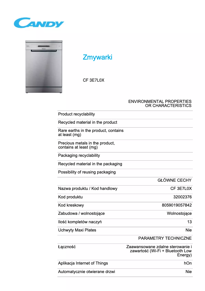 Page 1 de la notice Fiche technique Candy Rapido' CF 3E7L0X