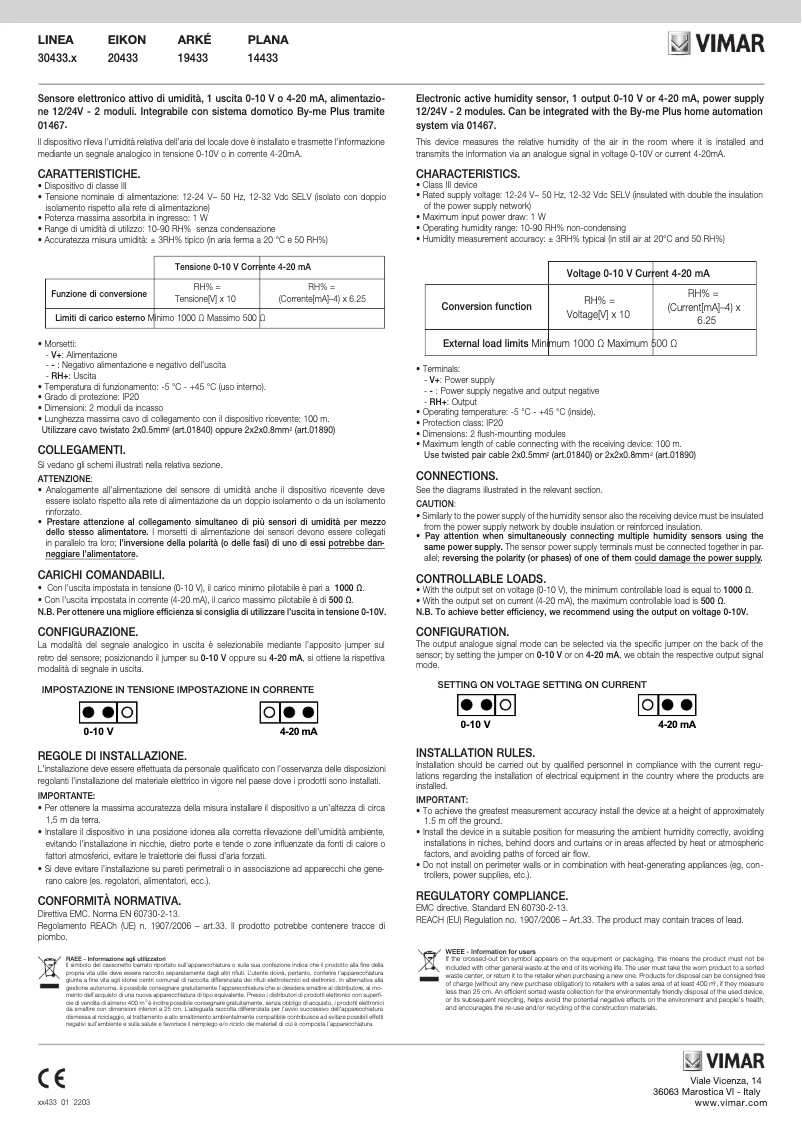 Page 1 de la notice Manuel utilisateur Vimar 20433.B