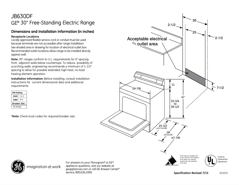 Page 1 of the manual Technical Sheet GE JB630DFBB