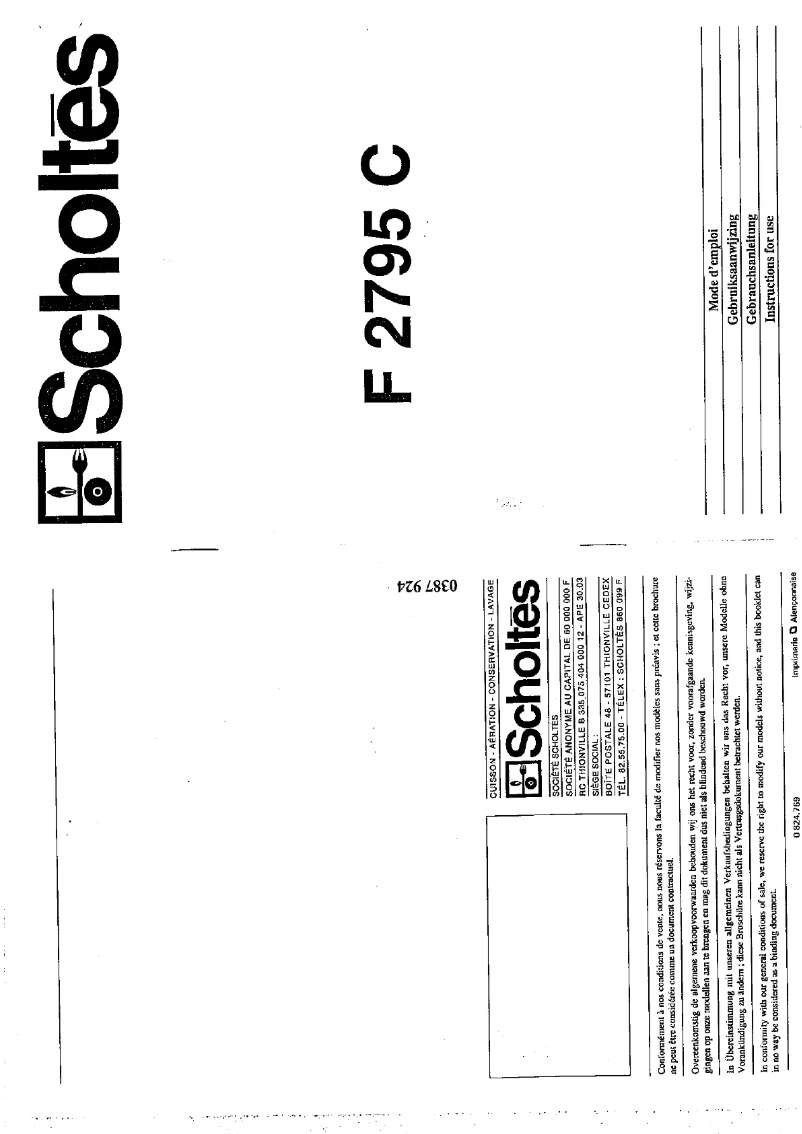 Page n°1 - Manuel utilisateur Scholtès F 2795 C