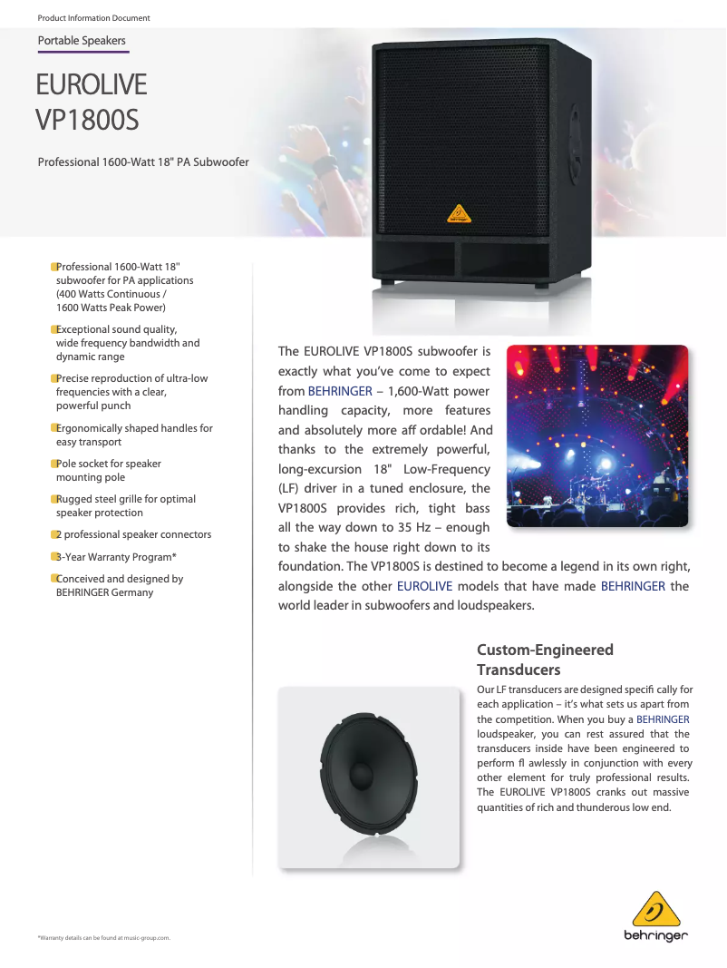 Page 1 of the manual Technical Sheet Behringer Eurolive VP1800S