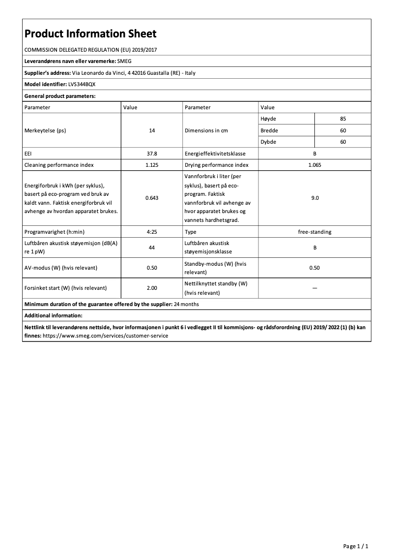 Page n°1 - Fiche technique Smeg LVS344BQX