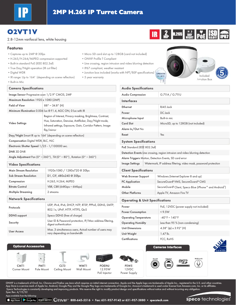 Page 1 de la notice Fiche technique Speco Technologies O2VT1V