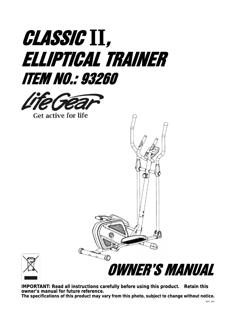 Image de la première page du manuel de l'appareil Classic II Elliptical Trainer 93260