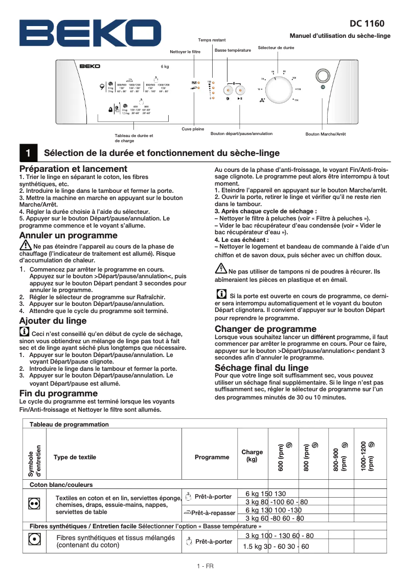 Page 1 de la notice Manuel utilisateur Beko DC 1160