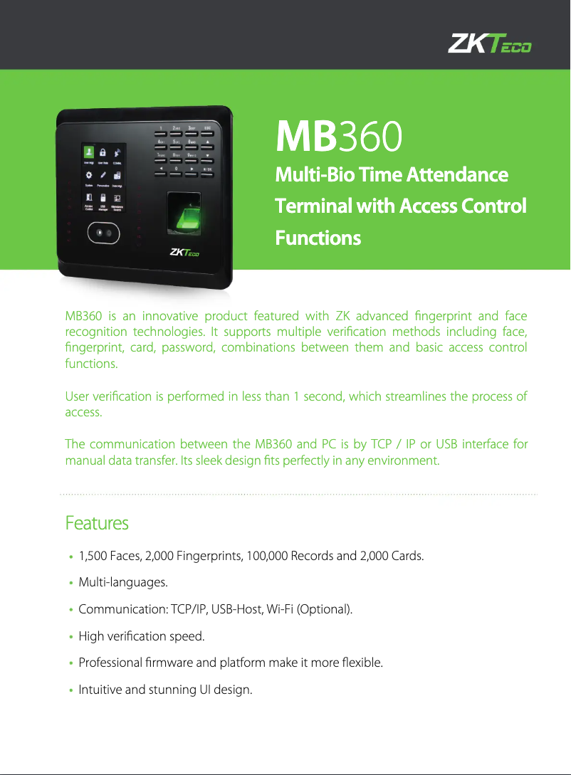 Page 1 de la notice Manuel utilisateur ZKTeco MV360