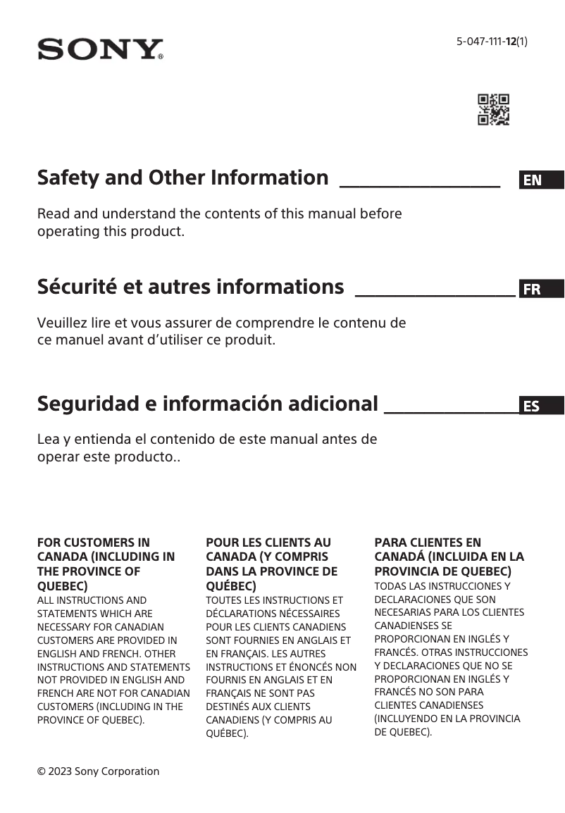 Page 1 de la notice Instructions de sécurité Sony Bravia K-85XR70