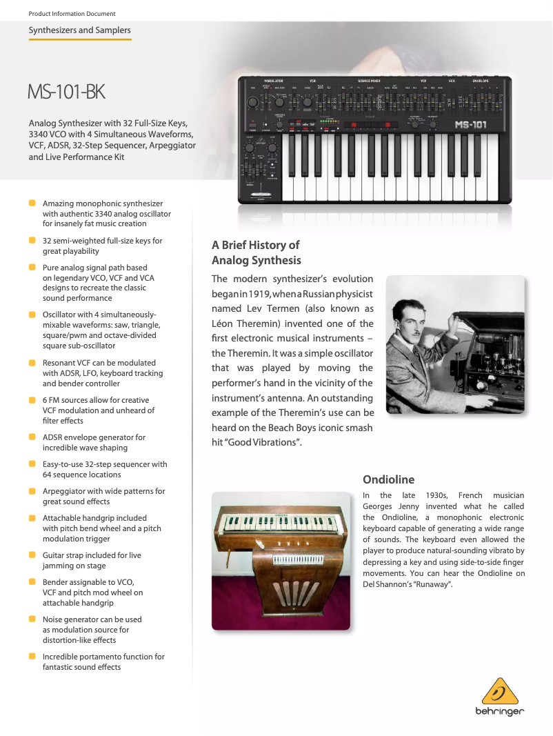 Page 1 de la notice Fiche technique Behringer MS-1