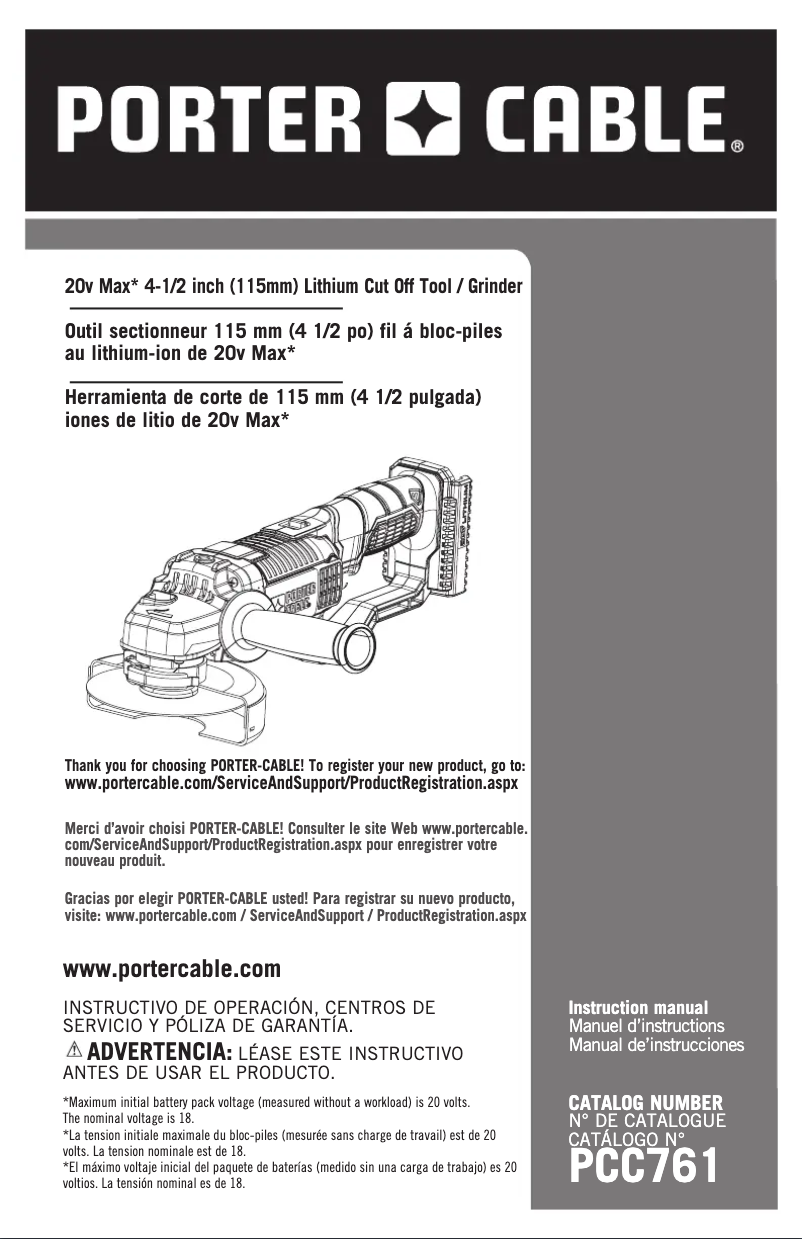 Page 1 de la notice Manuel utilisateur Porter-Cable PCC761B