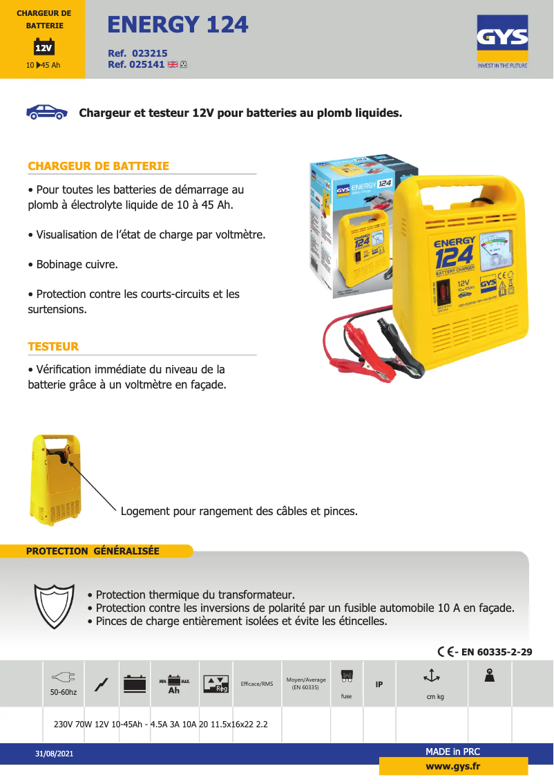 Page 1 de la notice Fiche technique GYS Energy 124