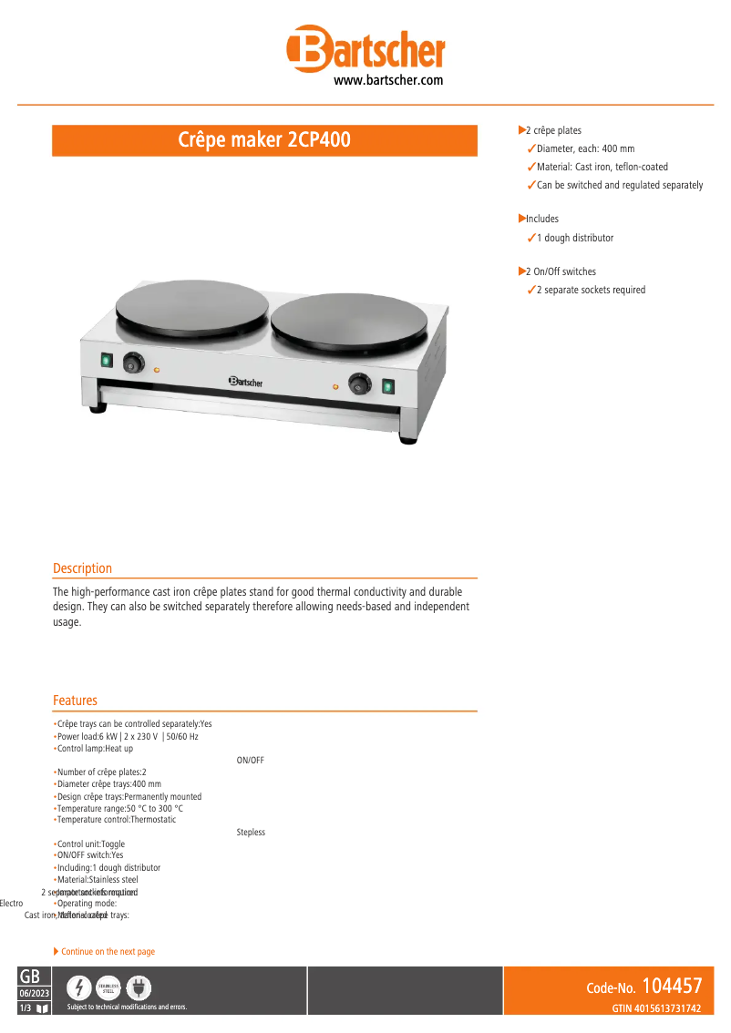 Page n°1 - Fiche technique Bartscher 2CP400