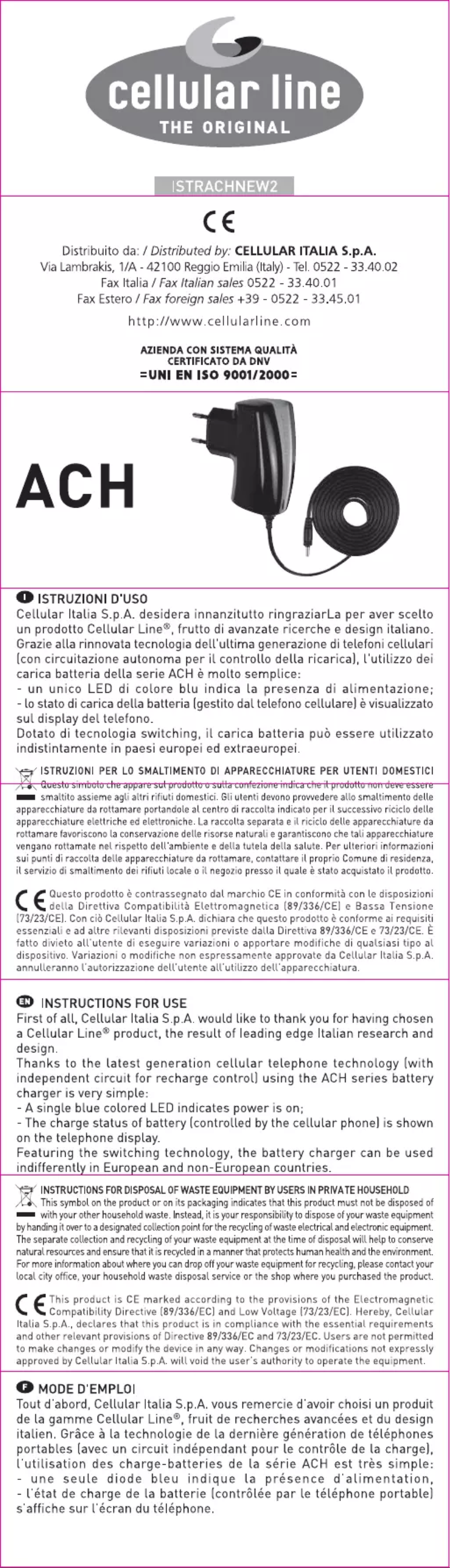 Page n°1 - Manuel utilisateur Cellular Line ACHLGW7000CL