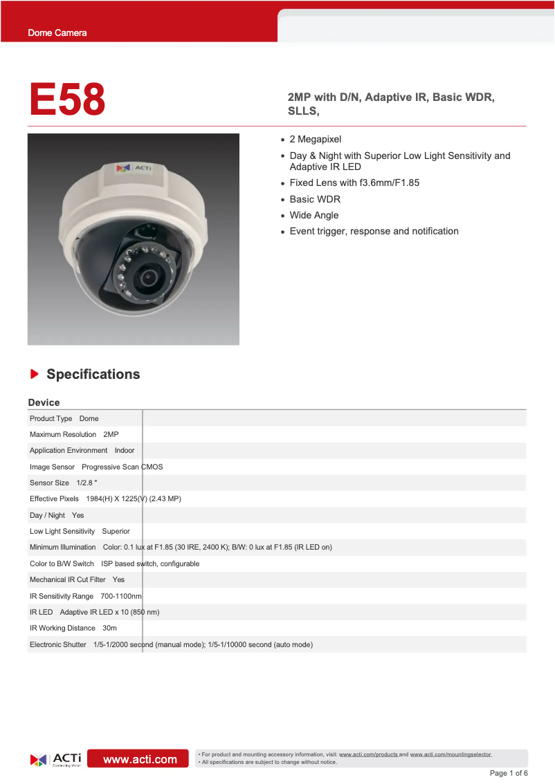 Page 1 de la notice Fiche technique ACTi E58
