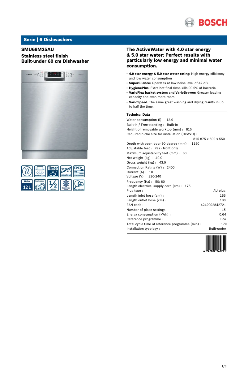 Página 1 del manual Ficha técnica Bosch SMU68M25AU