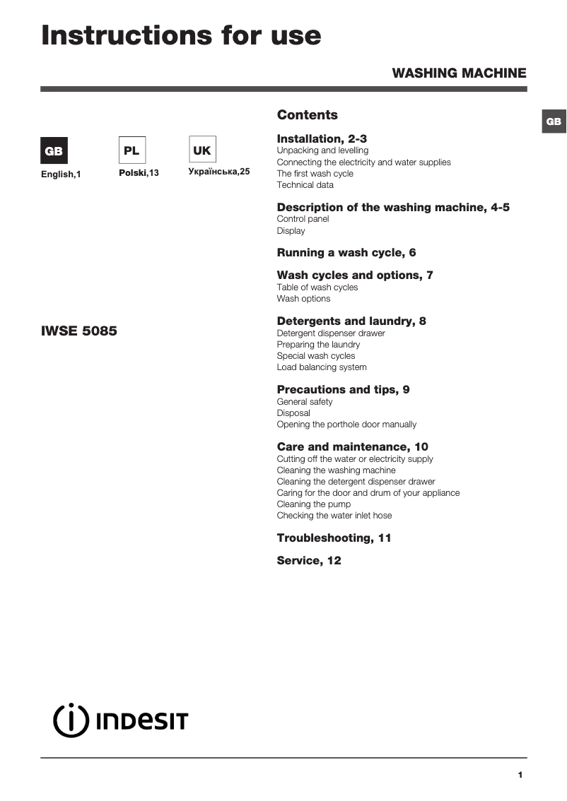 Página 1 del manual Manual de usuario Indesit IWSE 5085 B