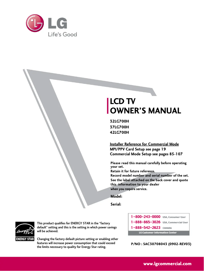 Page 1 de la notice Manuel utilisateur LG 42LG700H