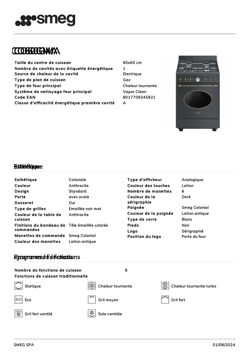 Page n°1 - Fiche technique Smeg CO60GMA
