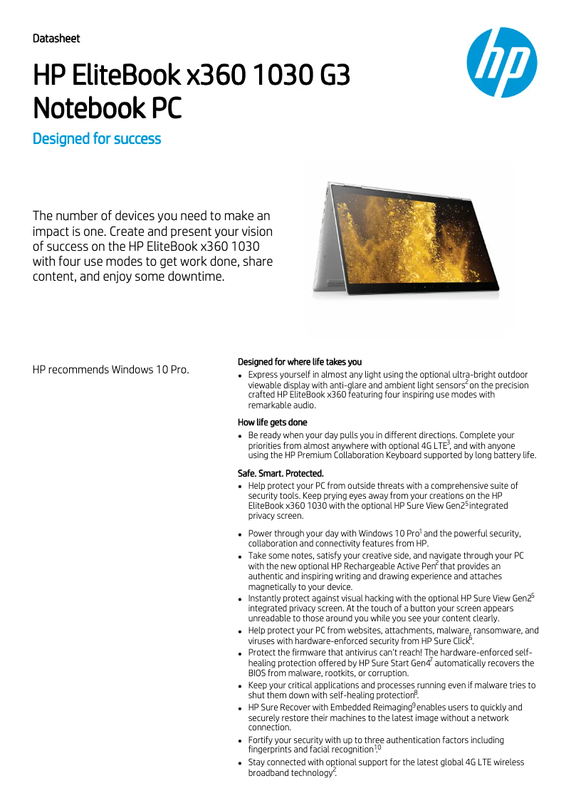 Page 1 de la notice Fiche technique HP Elitebook X360 1030 G3