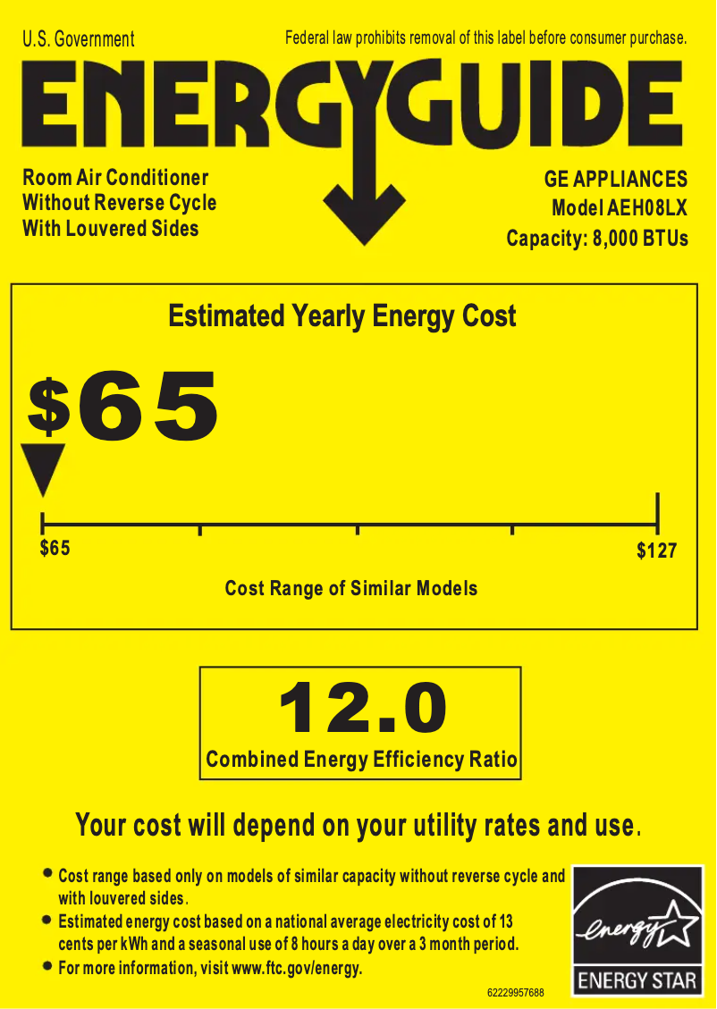 Page 1 de la notice Label énergétique GE AEH08LX