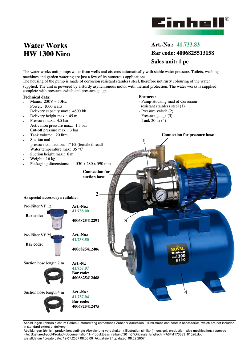 Page n°1 - Manuel utilisateur Einhell Royal HW 1300 Niro