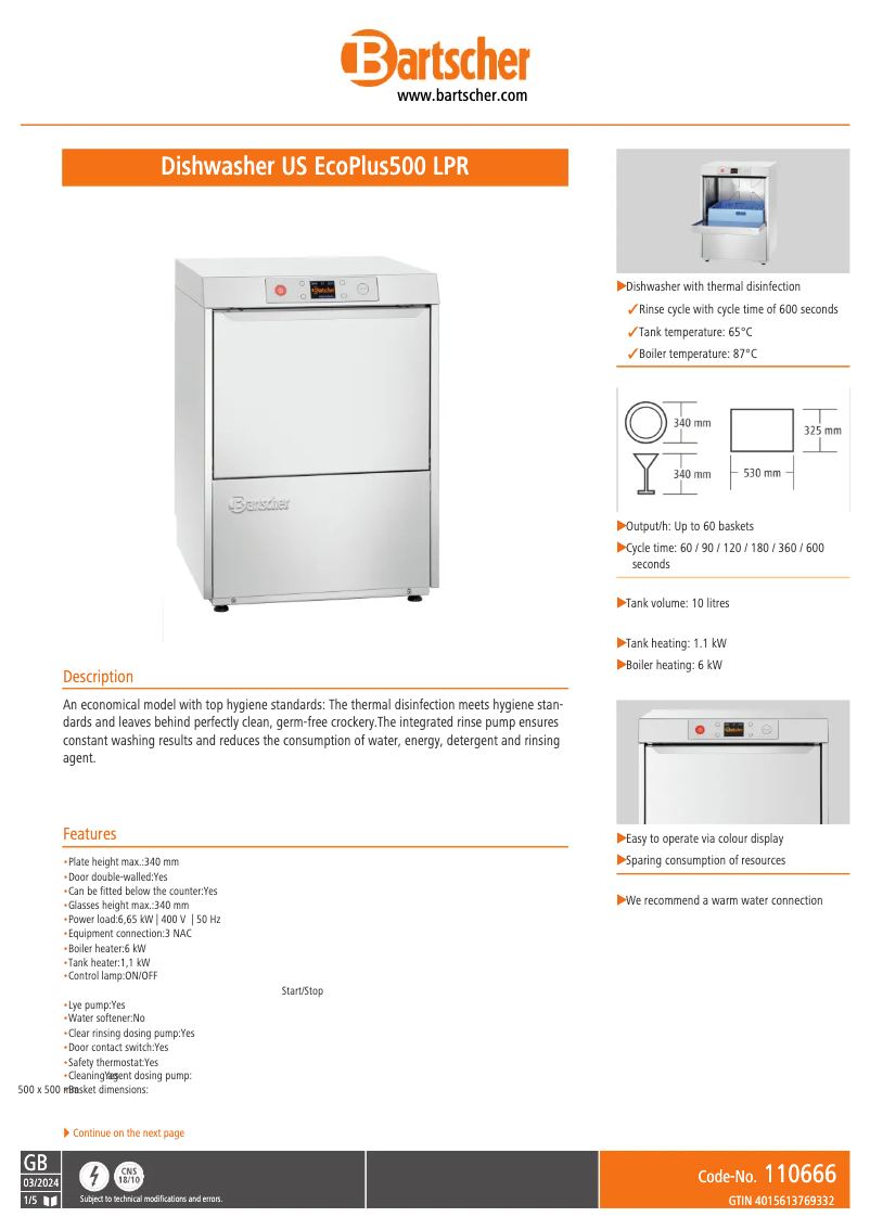 Page 1 de la notice Fiche technique Bartscher Deltamat TF7501ecoLPR