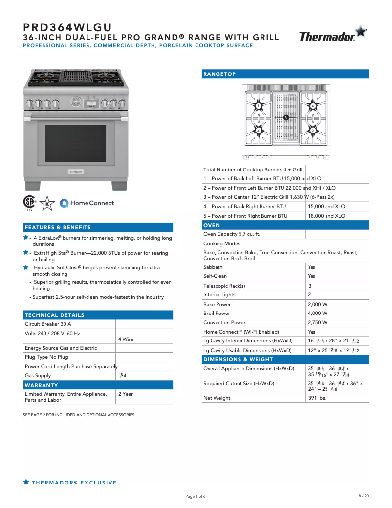 Page 1 de la notice Fiche technique Thermador PRD364WLGU