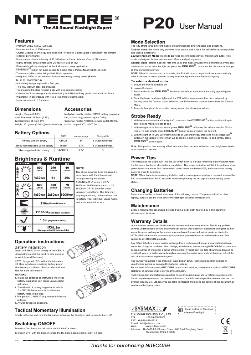 Page 1 de la notice Manuel utilisateur Nitecore P20