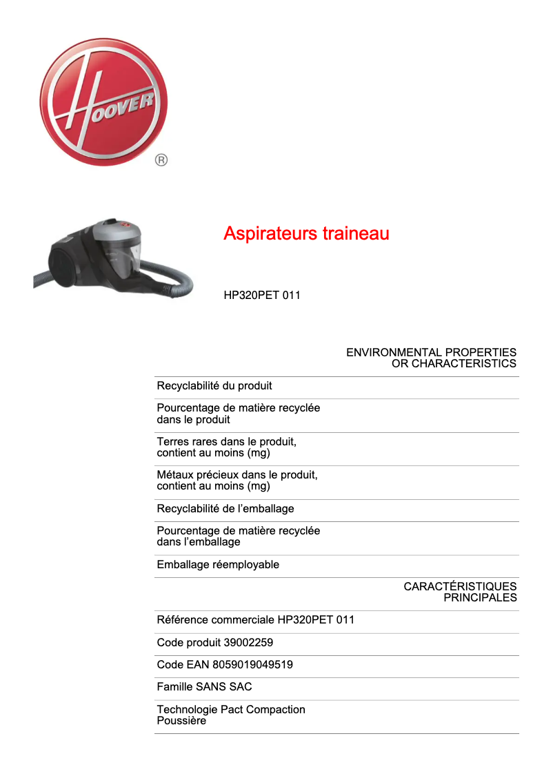 Page 1 de la notice Fiche technique Hoover H-POWER 300 HP320PET 011