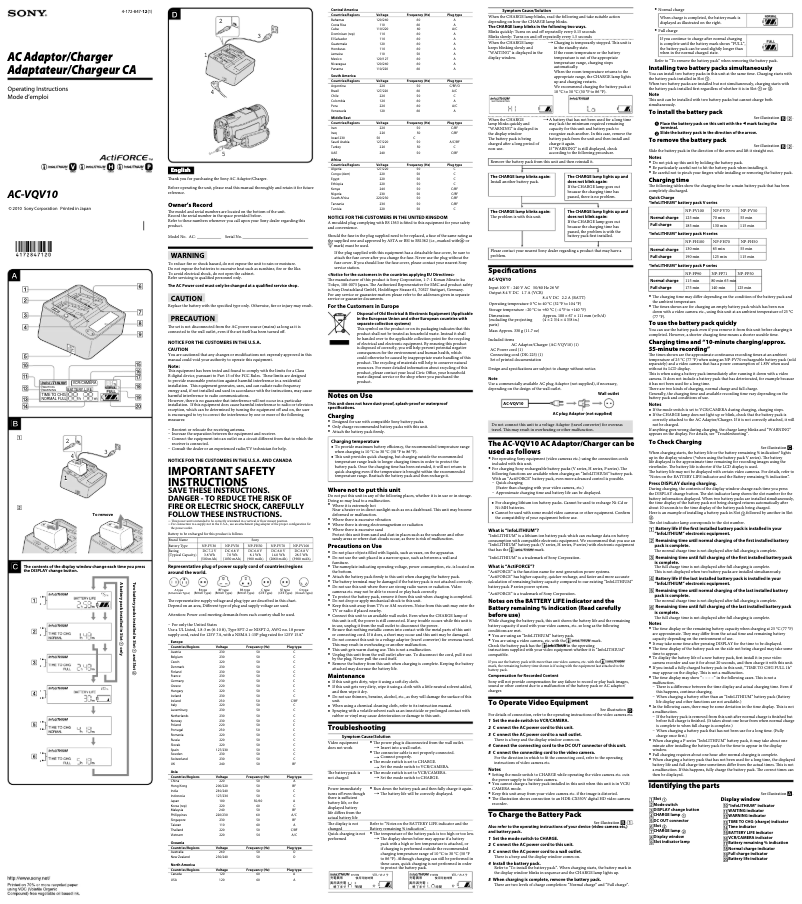 Page 1 de la notice Manuel utilisateur Sony AC-VQV10