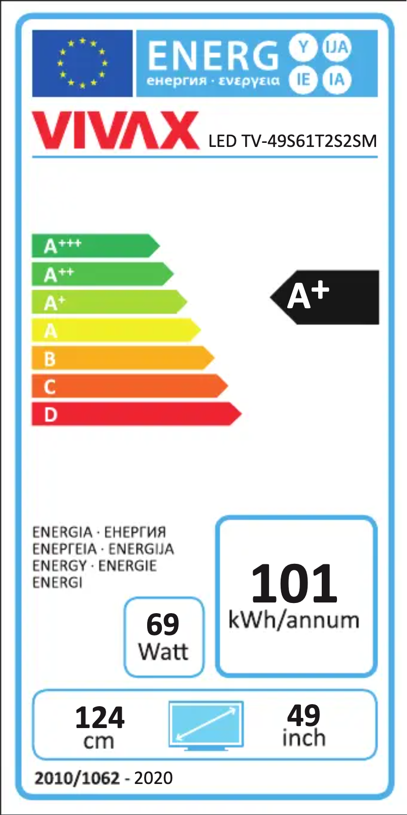 Página 1 del manual Etiqueta energética Vivax TV-49S61T2S2SM