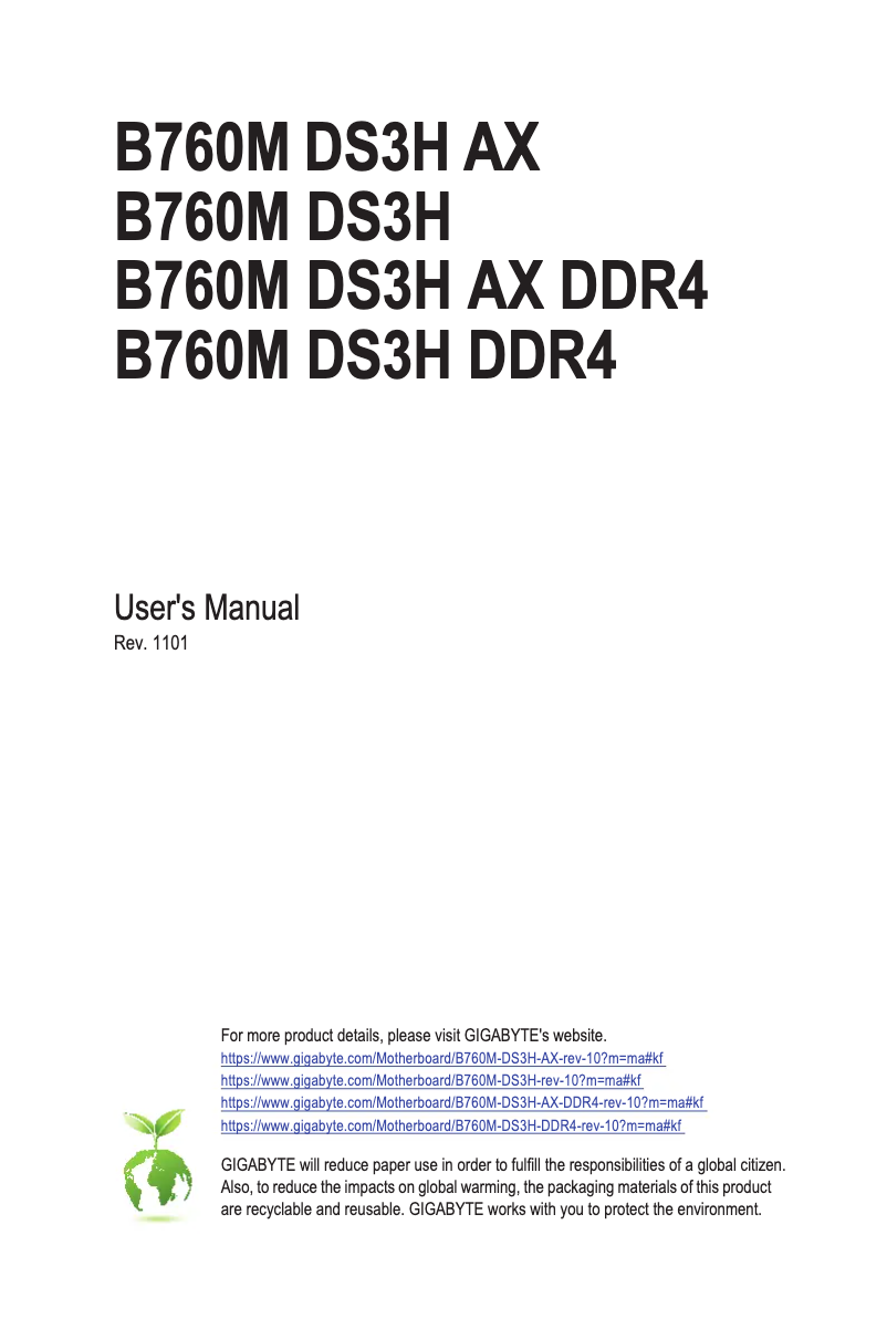 Page 1 de la notice Manuel utilisateur Gigabyte B760M DS3H AX