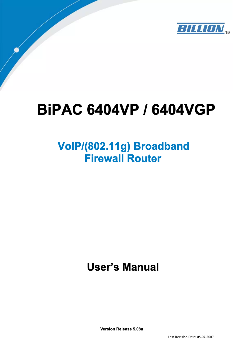 Image de la première page du manuel de l'appareil BiPAC 6404VGP