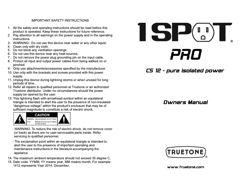 Image de la première page du manuel de l'appareil 1 Spot Pro CS12