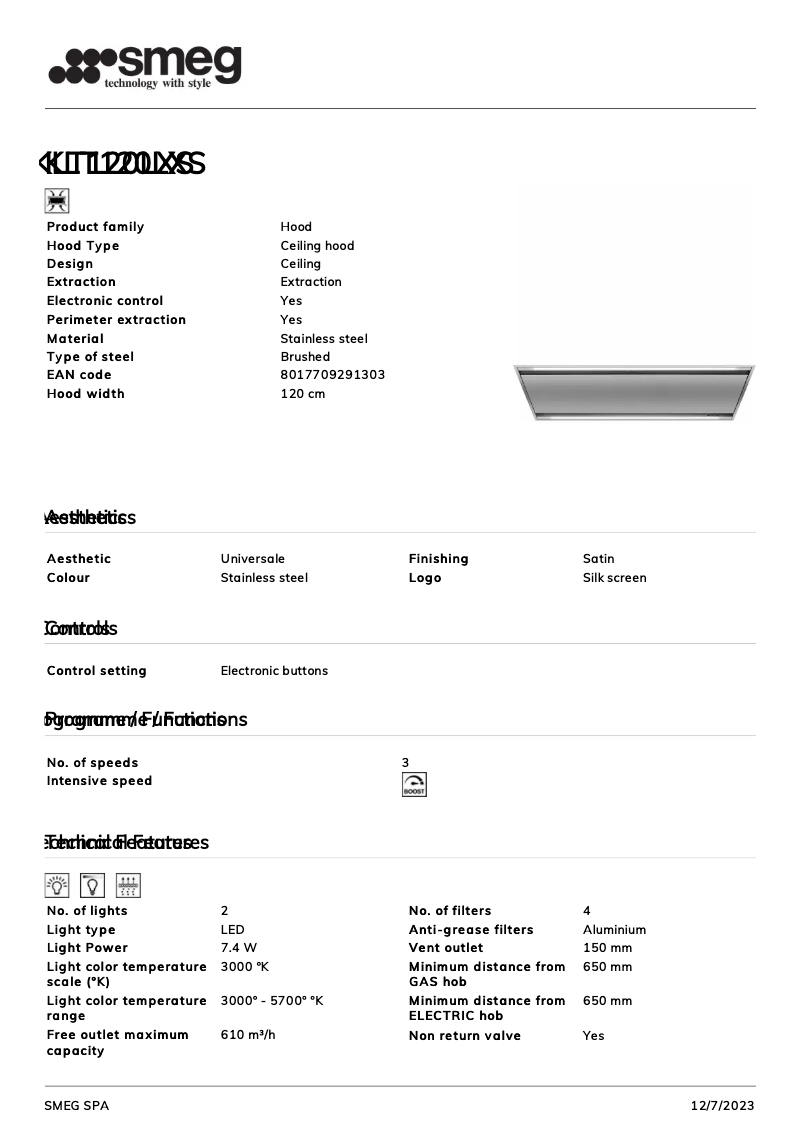 Page 1 de la notice Fiche technique Smeg KLT120LXS